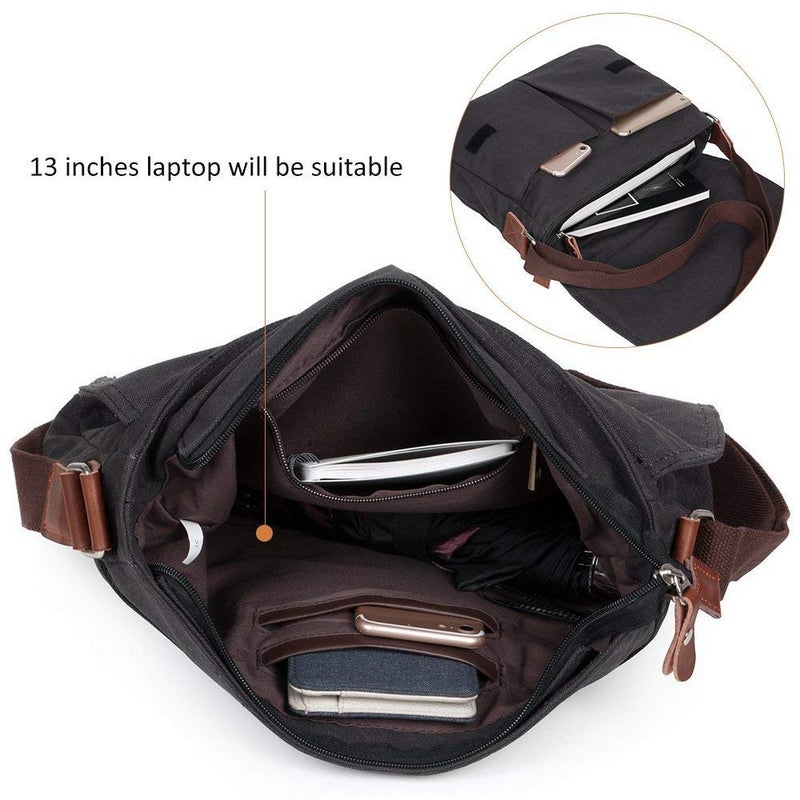 AUGUR Messenger Bag,Casual Shoulder Sling Bag Canvas Satchel Bag Crossbody Bags for Men Work Office Laptop Bag fit 13 inch - Black - Image 4